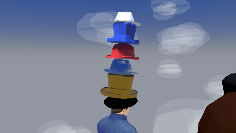 A tower of low-poly hats balanced on Jay Kay's head against a foggy sky